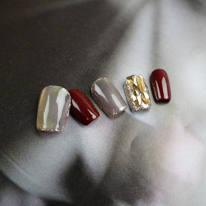 Burgundy cat eye aurora diamond premium press-on nails(Size Selection )
