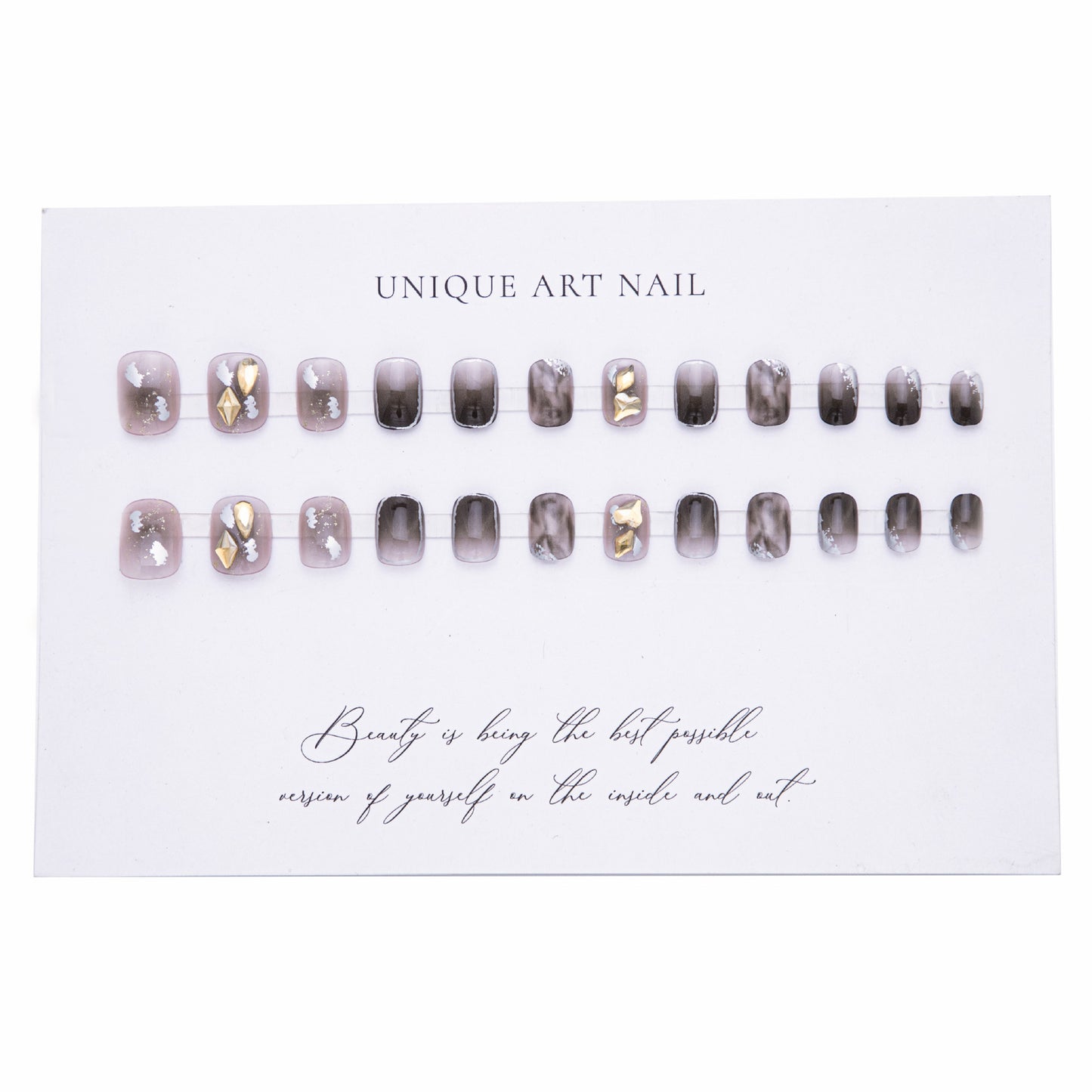 Smudged champagne rhinestones press-on short nails 24pcs