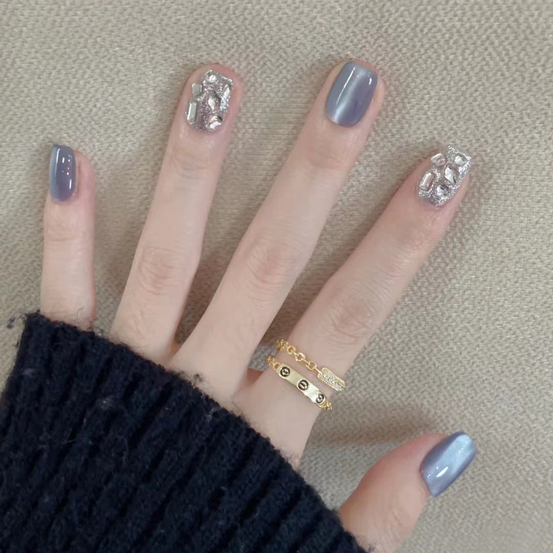 Ice blue with diamonds press-on short nails 30pcs