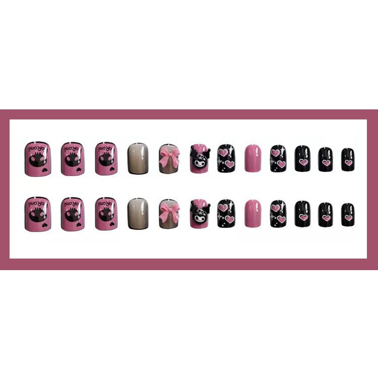 Black pink sweet cool bow Kulomi  press-on nails 24pcs