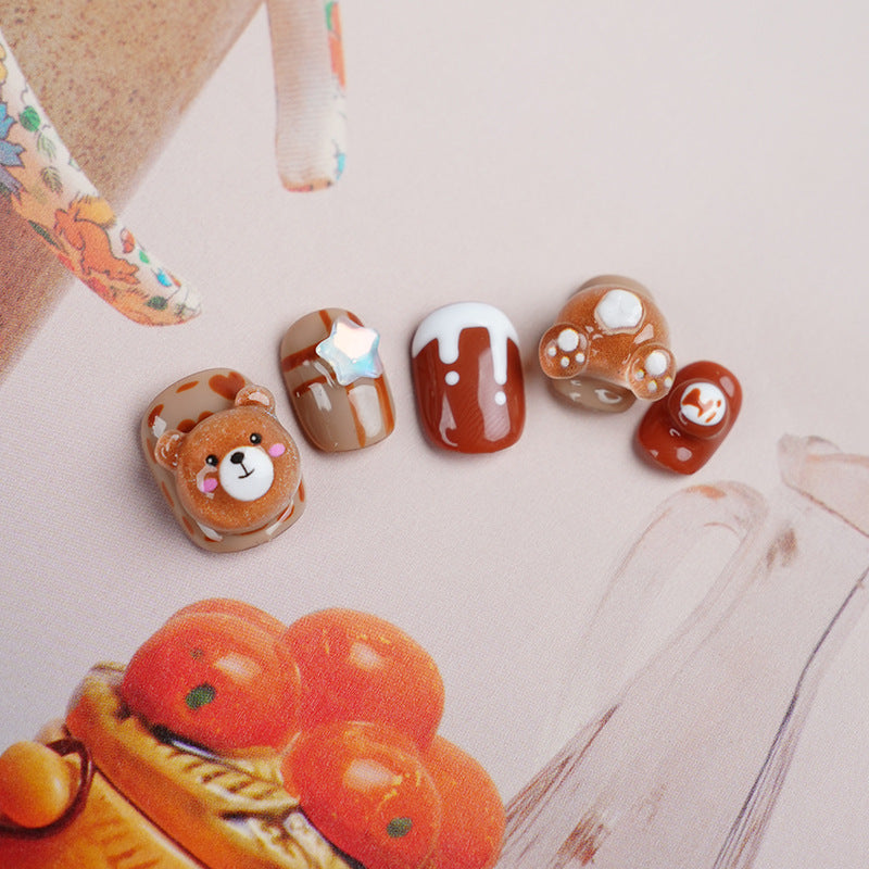 Short Nails chocolate brown bear cartoon handmade press-on nails(Size Selection )