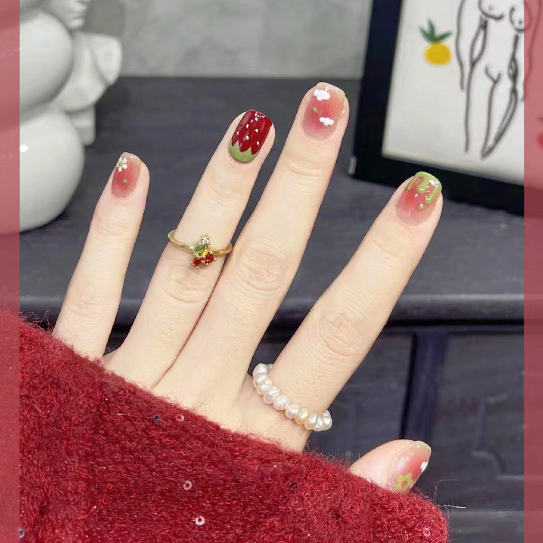 Dopamine strawberry press-on short nails 24pcs
