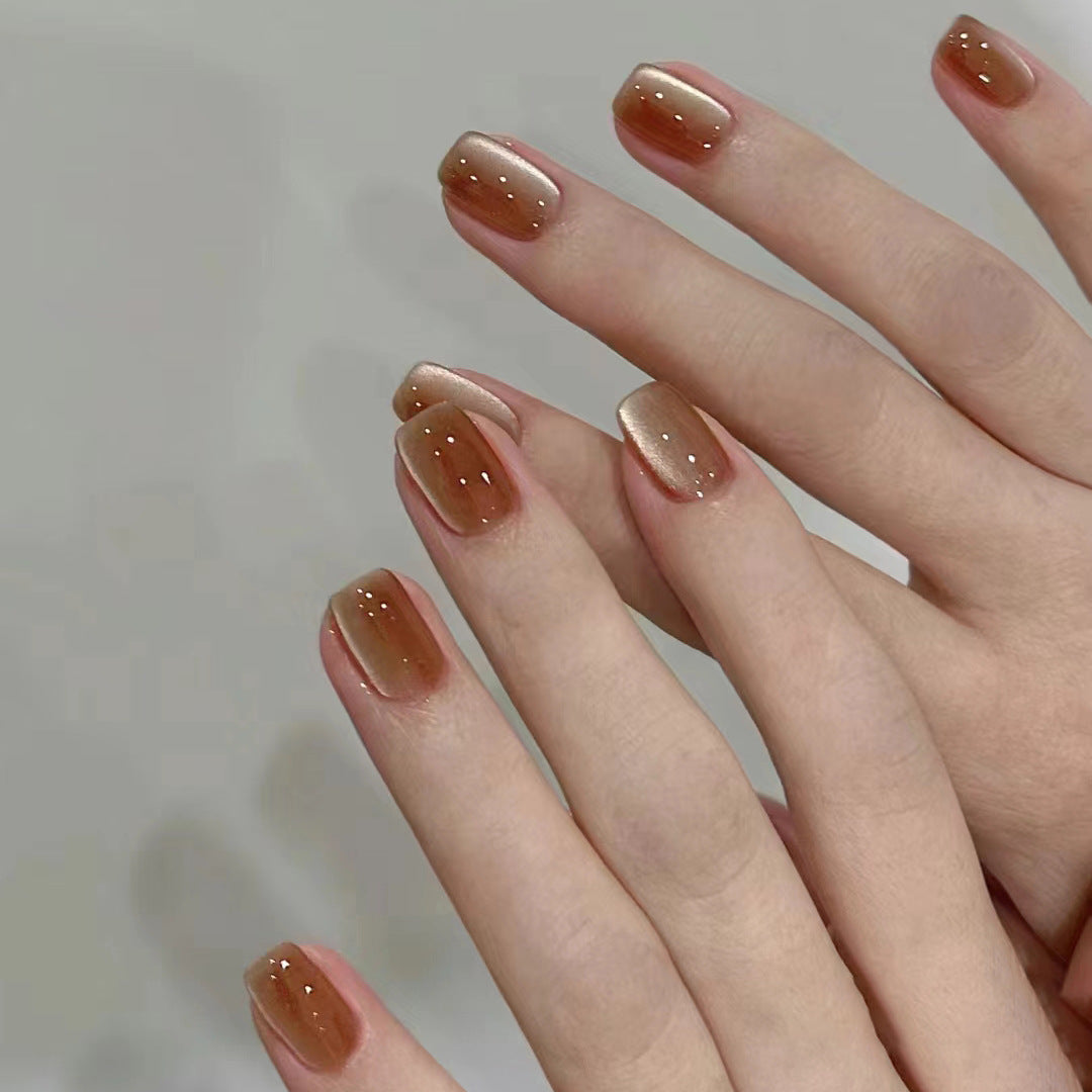 Amber cat's eye press-on short nails 30pcs