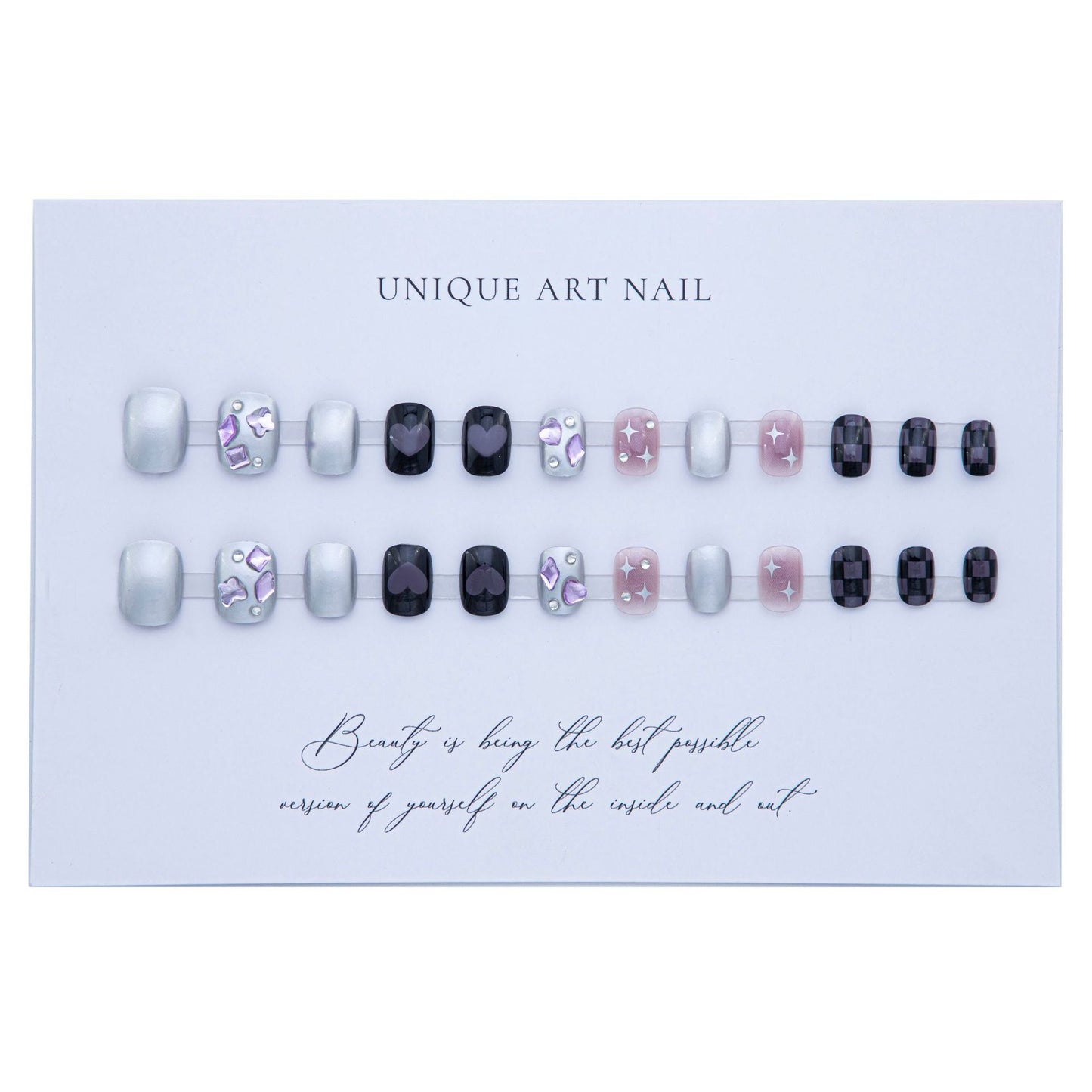 Black purple star with diamond press-on short nails 24pcs