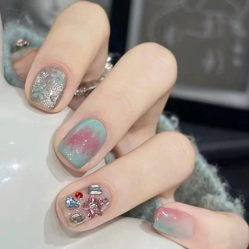 Mint rose smudge press-on short nails with diamond(Size Selection)