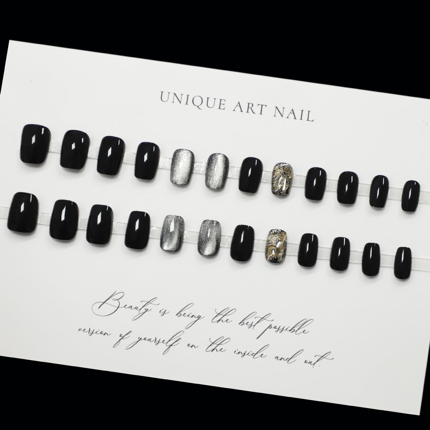 Black cat's eye champagne diamond press-on short nails 24pcs