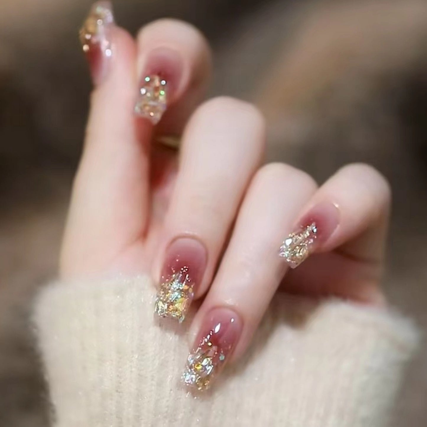 Ice-clear blush with champagne diamonds press-on long nails 24pcs