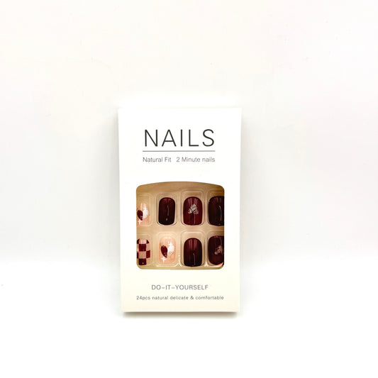 Burgundy checkerboard press-on short nails 24pcs