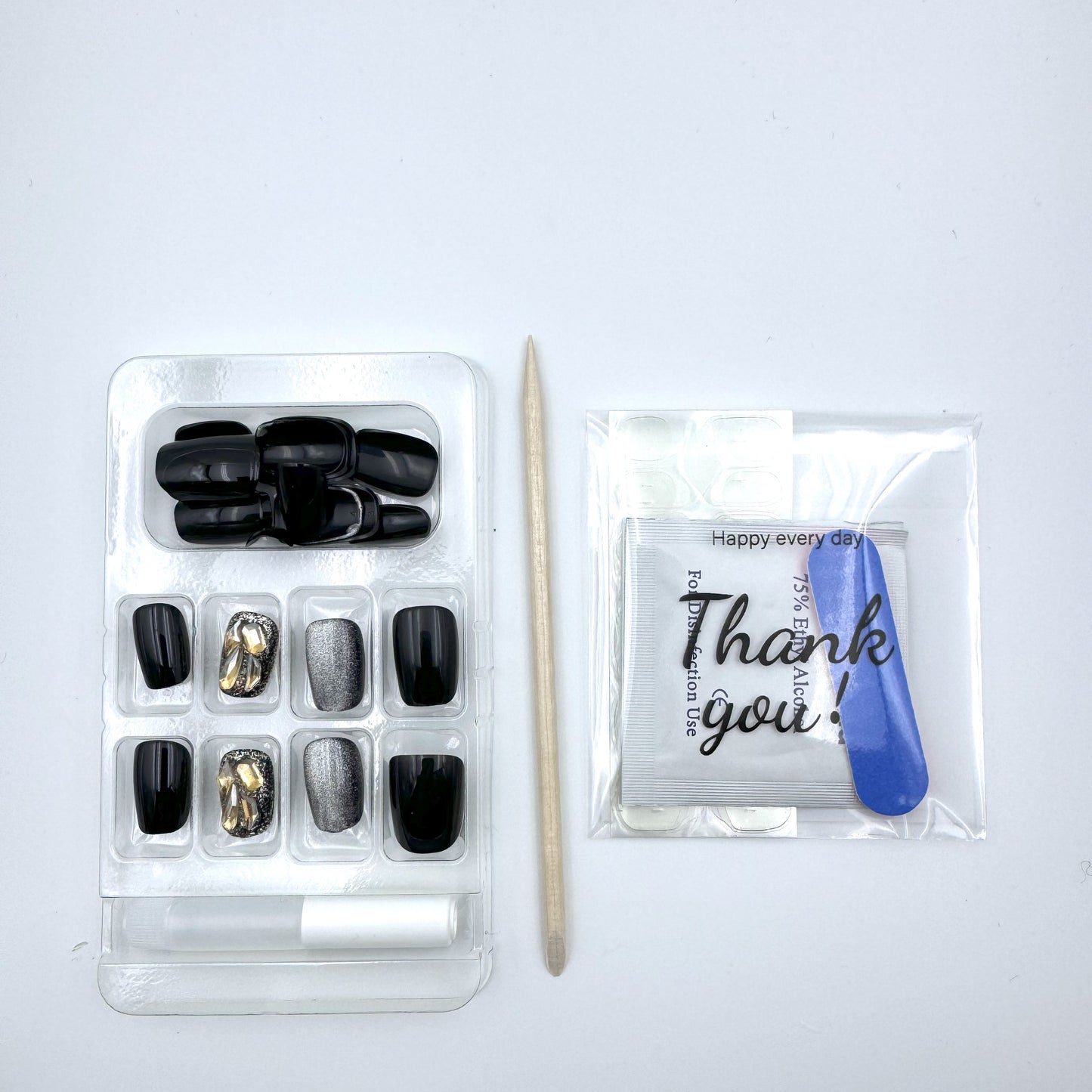 Black cat's eye champagne diamond press-on short nails 24pcs