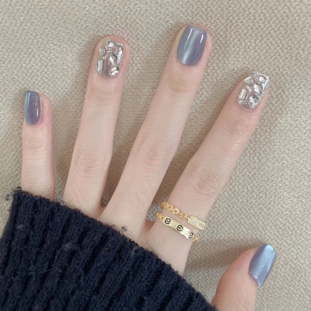 Blue cat's eye diamond light therapy press-on short nails(Size Selection)