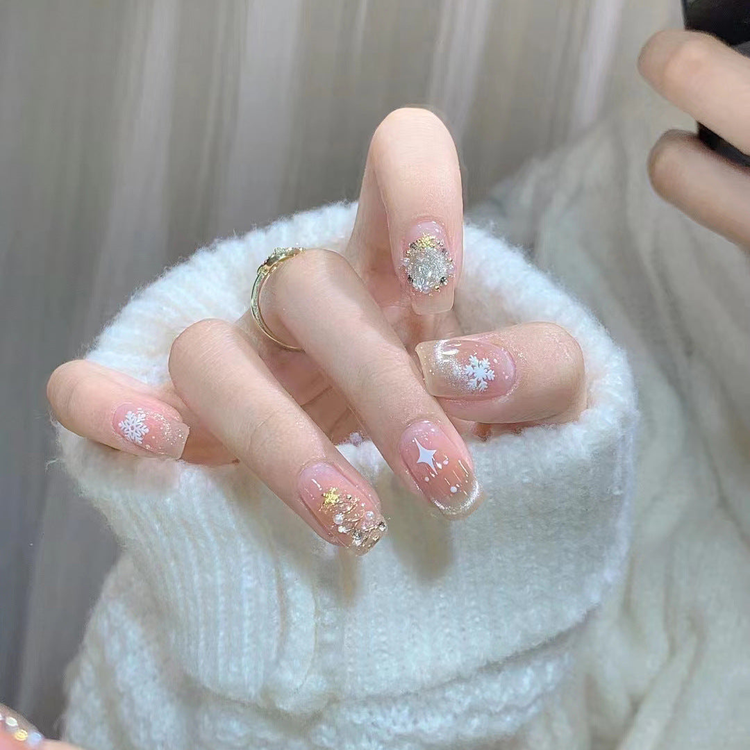 French Christmas snowflake cat's eye/bowknot press-on short nails 24pcs