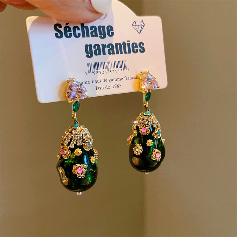 Vintage Green Pink Zircon Drop Earrings