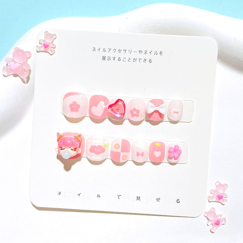Children's 3D bubble girl cartoon  press-on nails pink/blue/purple