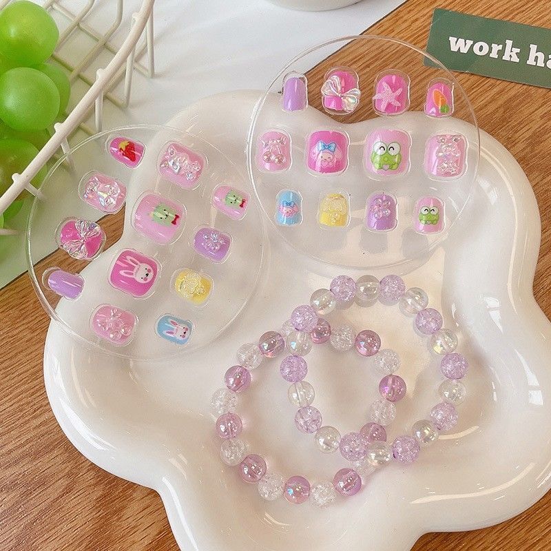 Children Press-on Nails with Bracelet Set Toy Pre-glued Candy Colour