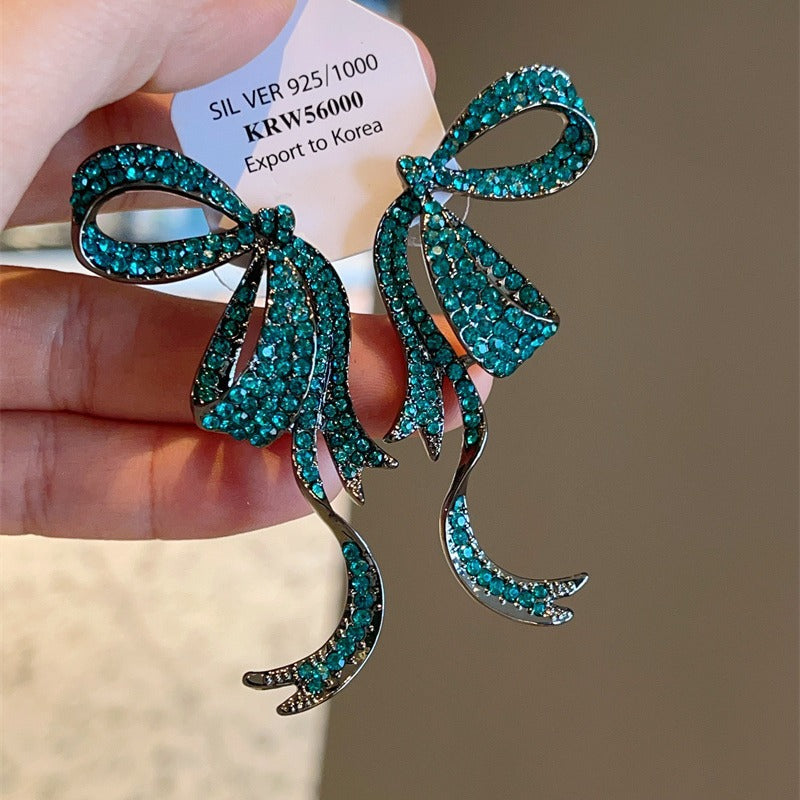 Green Zircon Bow Ribbon Drop Earrings