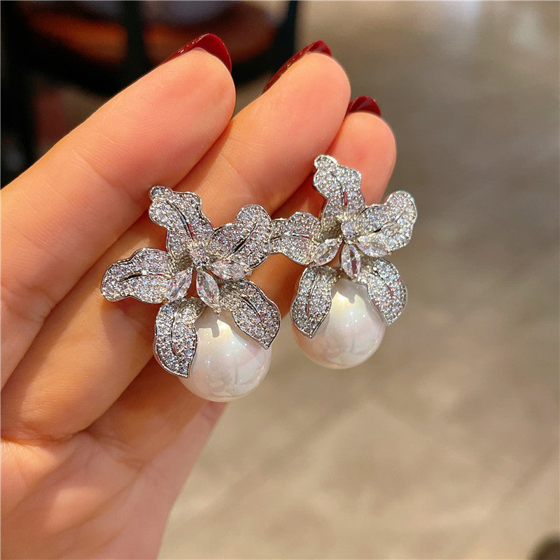 Diamond-encrusted Lily Pearl Stud Earrings