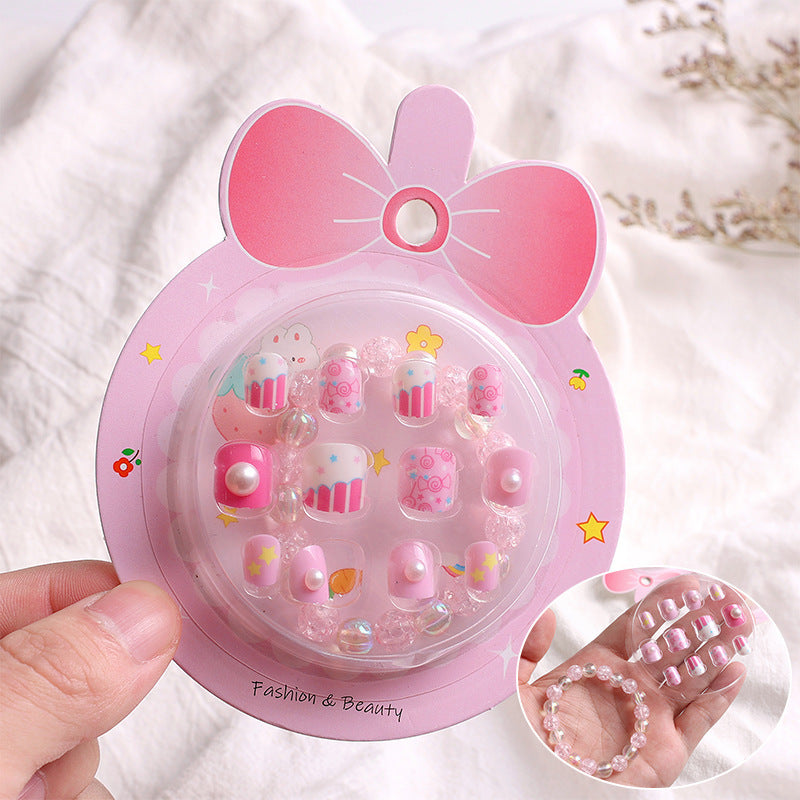 Children Press-on Nails with Bracelet Set Toy Pre-glued Candy Colour